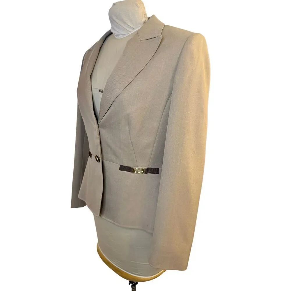 TAHARI Brown Tan Wool Belt Detail 2-Button Blazer Sz. 12 Career Professional - Picture 6 of 16